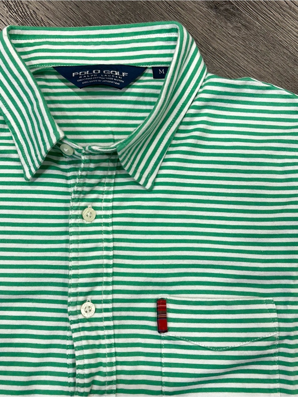Polo Golf by Ralph Lauren, Green & White Striped Polo Golf Shirt, Men’s Medium